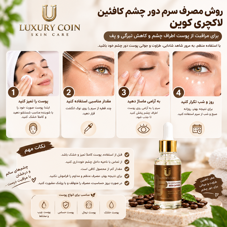 روش مصرف سرم دور چشم کافئین لاکچری کوین برای مراقبت از پوست اطراف چشم و کمک به کاهش ظاهر پف و تیرگی